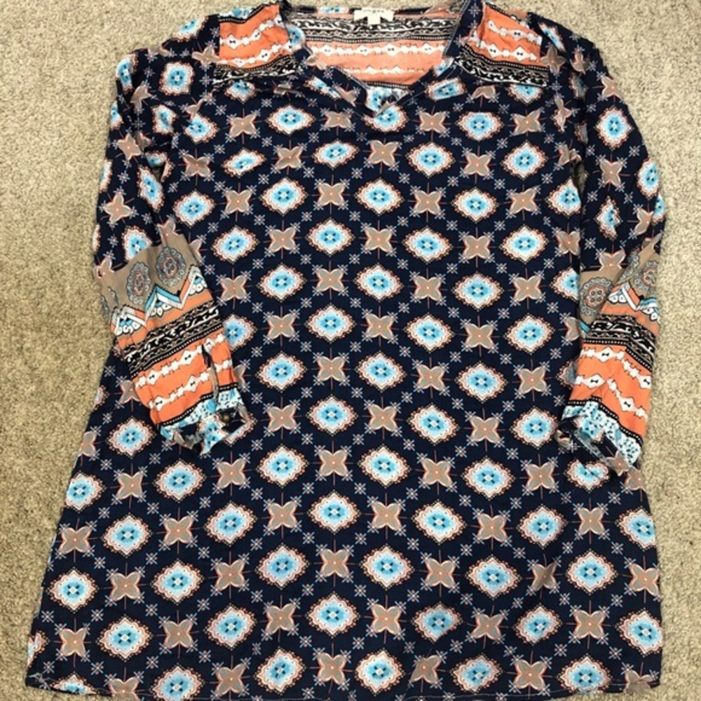 Women's Umgee‎ Boho Top Paisley V-Neck Blouse Small Navy Blue